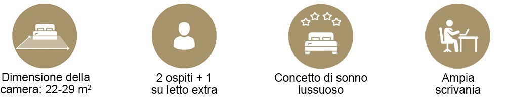 Icone con dimensioni camera (22–29 m²), 2 ospiti + 1 su letto extra, sonno di lusso e ampia scrivania.