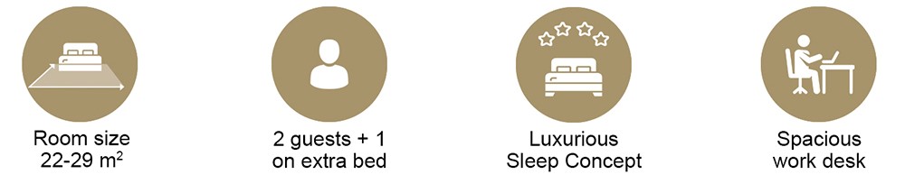 Icons showing room size (22–29 m²), 2 guests + 1 on extra bed, luxurious sleep, and spacious work desk.